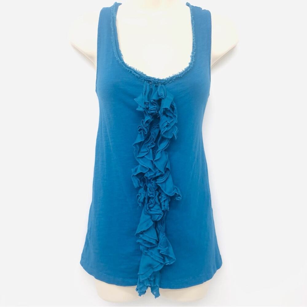 Ann Taylor Loft Teal Blue Textured Ruffled Front Tank Top Wide Scoop Neck
